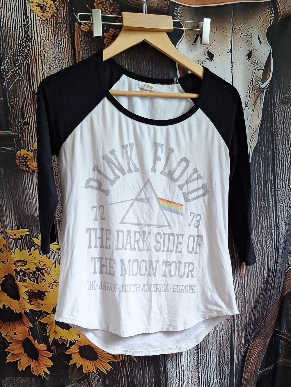 Pink Floyd White & Black Raglan Tour Tee with Rainbow Prism